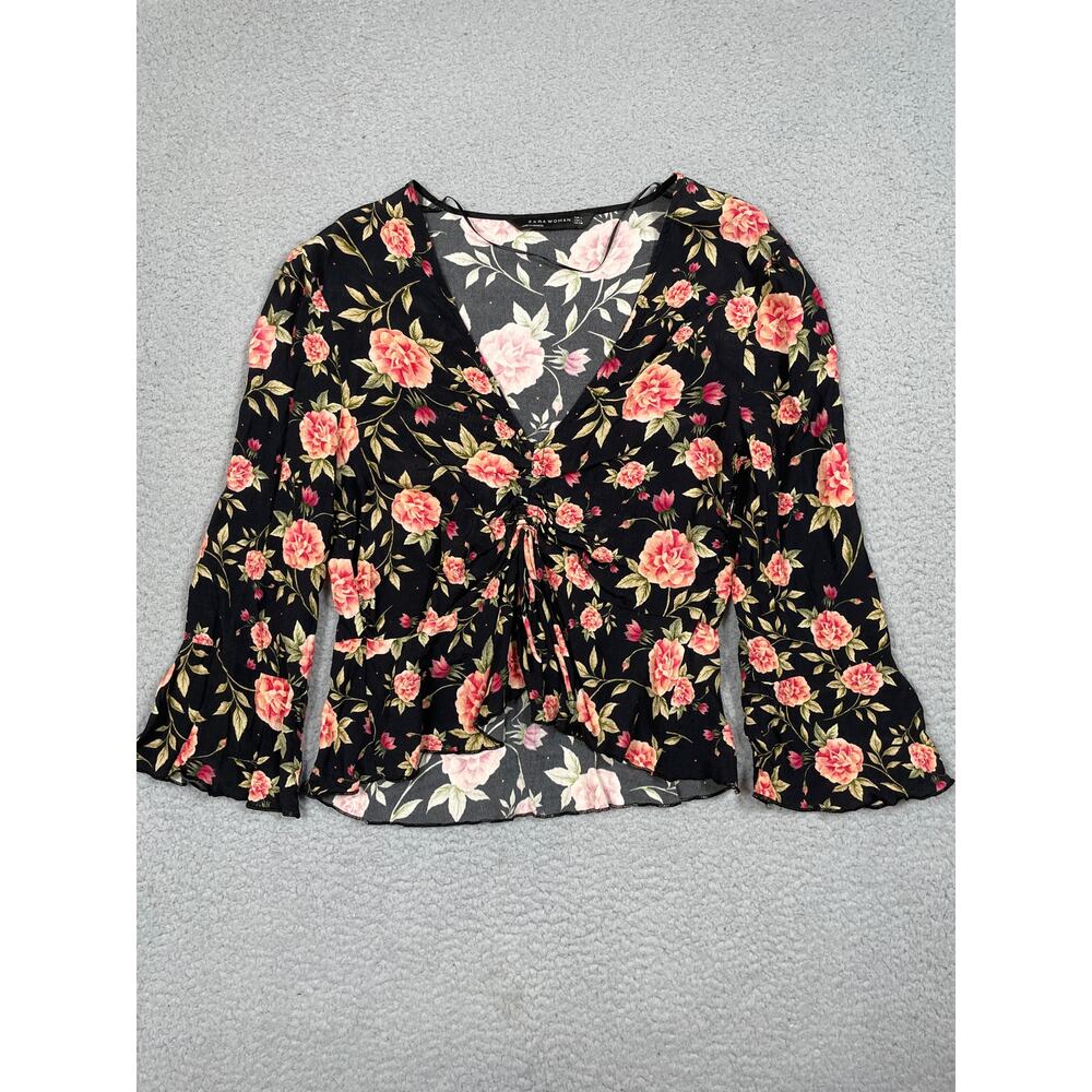Zara Womens Size L Floral V-Neck Long Sleeve Blouse